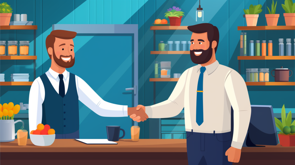 Small business owner shaking hands with a satisfied customer after closing a sale essential sales techniques for success for small businesses